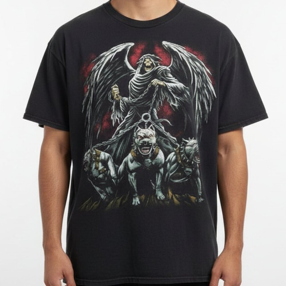 Vintage Grim Reaper Graphic T-Shirt XL Fruit of the Loom Black Gothic Biker‎ Tee
